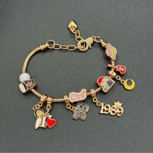 Girls Charm Bracelet Gold Tone with 10 Dangly Charms 1989, TS, Swiftie, Coffee - Picture 1 of 8